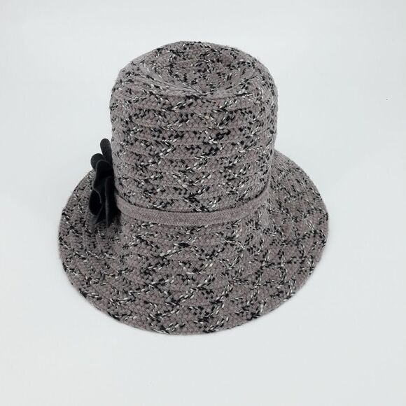 August Hat Lavender Gray Flecked Striped Flower Cloche Bucket Black Flower - Picture 3 of 10